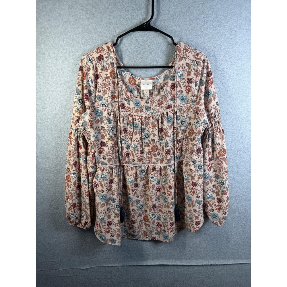 Knox Rose Tunic Top Womens Large Pink Floral Boho Crochet Tassel Long Sleeve